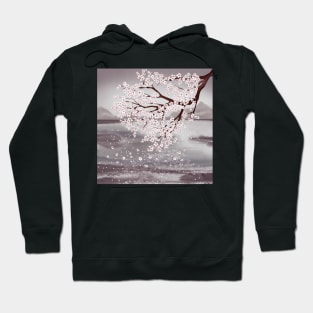 Cherry blossom branch. Water landscape watercolor illustration. Sakura flowers spring scenery Hoodie